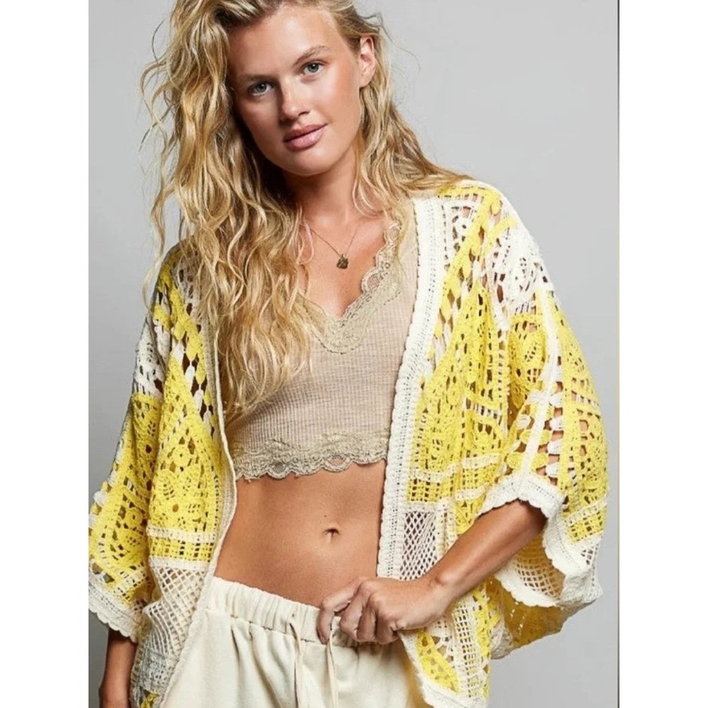 POL Crocheted Boho Open Front Cardigan Yellow Cream Lace Kimono Sleeve Oversized